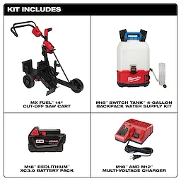 MX FUEL 14" Cut-Off Saw Cart Kit Includes: a saw cart, a backpack water supply kit, a battery pack, and a multi-voltage charger.
