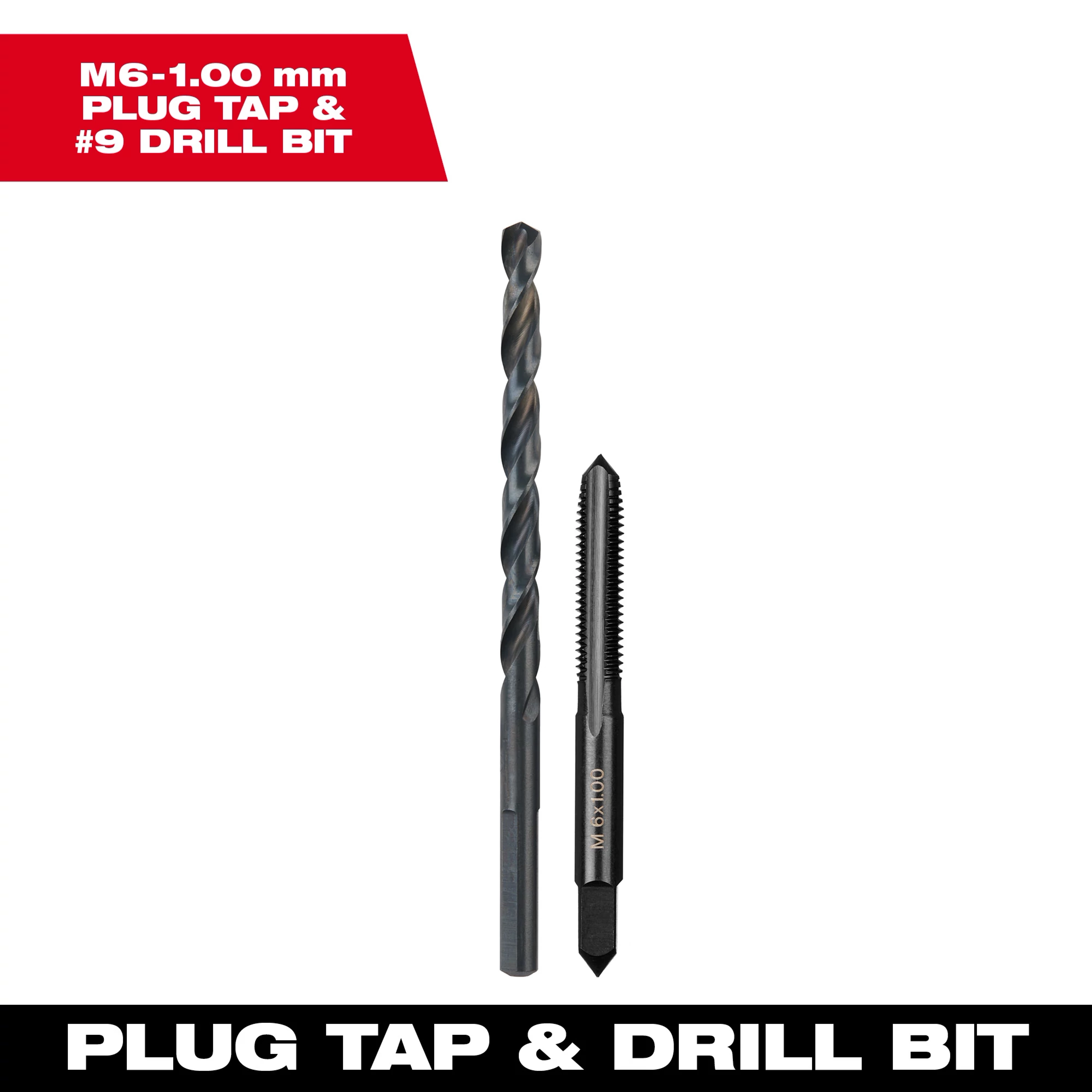 M6-1.00 mm Straight Flute Plug Tap and #9 Drill Bit shown side by side against a white background with a red label above them.