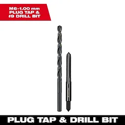 M6-1.00 mm Straight Flute Plug Tap and #9 Drill Bit shown side by side against a white background with a red label above them.