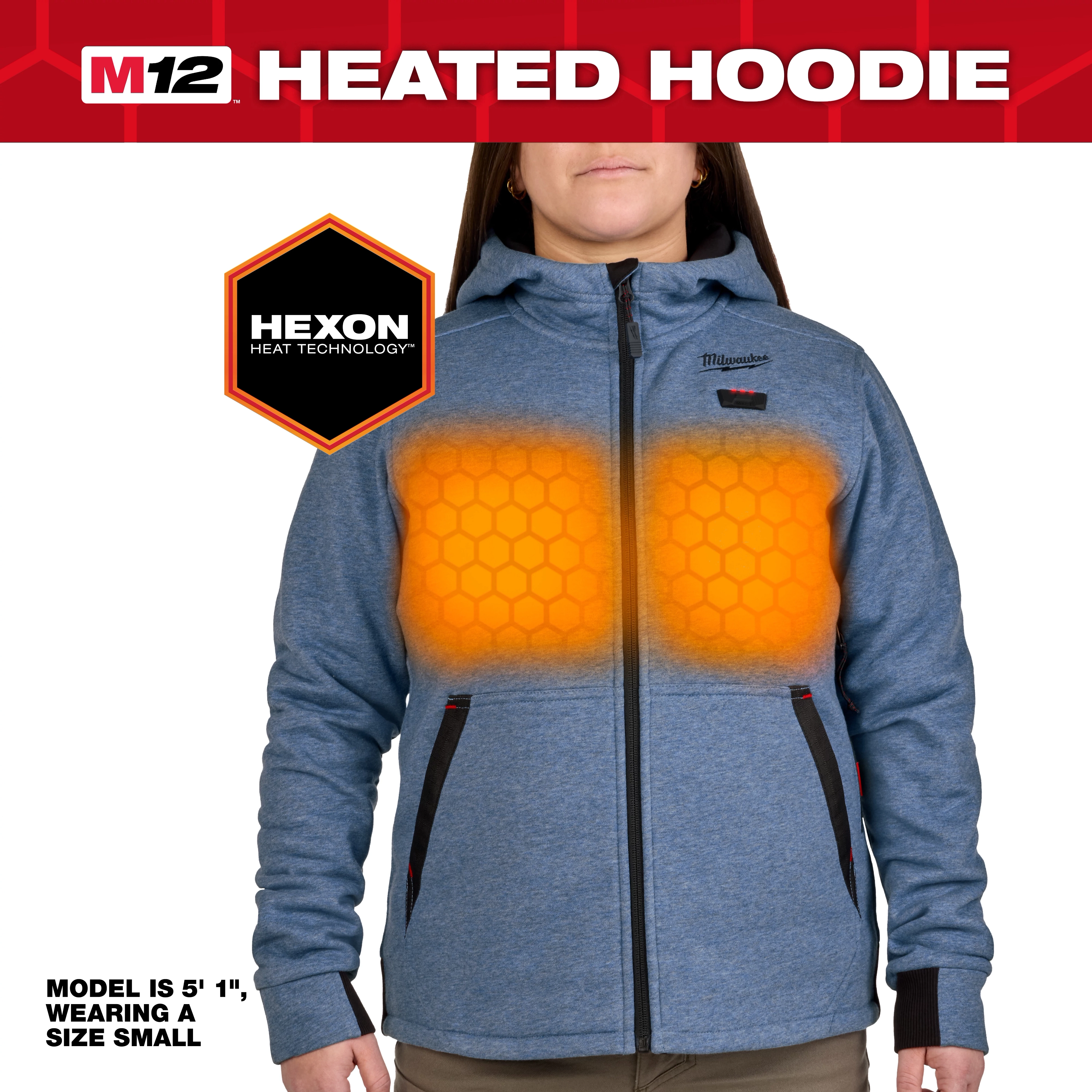 M12™ Heated Hoodie in blue features Hexon Heat Technology with glowing orange patterns indicating heating elements. Zippered front pockets and a hood provide warmth and convenience. The model, 5'1", wears a size small.