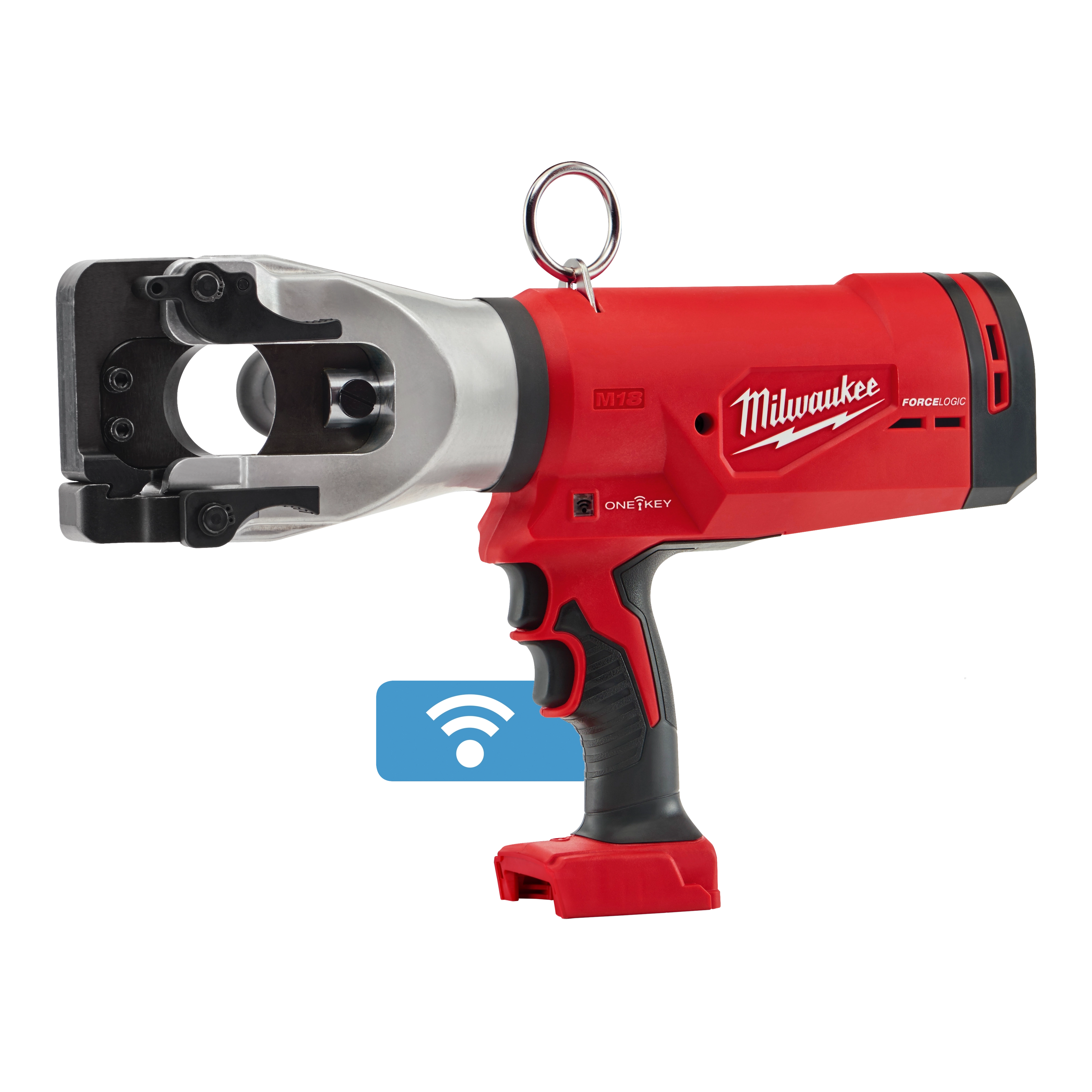 The M18™ FORCE LOGIC™ 1590 ACSR Cable Cutter is a red handheld tool with a metallic cutting head, designed for cutting cables. A wireless connection icon is displayed near the tool, indicating Bluetooth capability. Handles feature ergonomic grips for comfort and control during use.