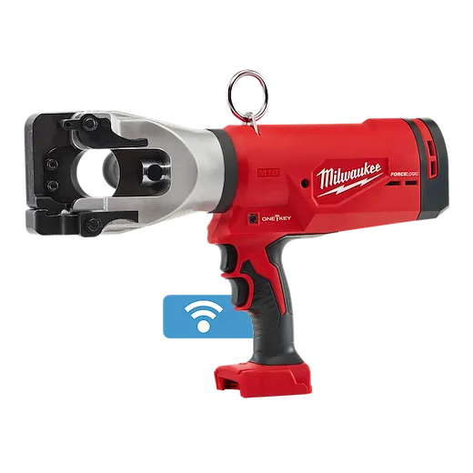 The M18™ FORCE LOGIC™ 1590 ACSR Cable Cutter is a red handheld tool with a metallic cutting head, designed for cutting cables. A wireless connection icon is displayed near the tool, indicating Bluetooth capability. Handles feature ergonomic grips for comfort and control during use.