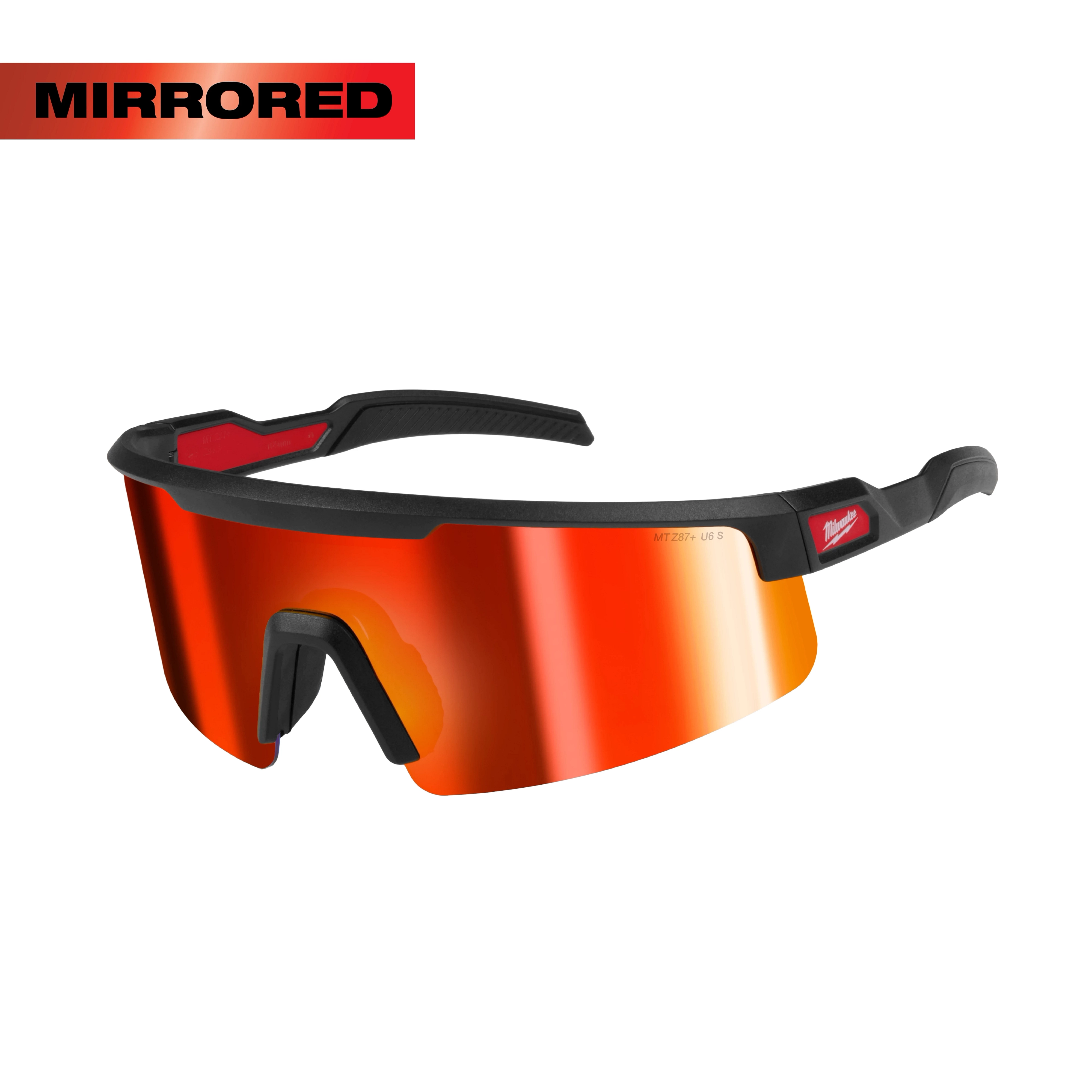 Milwaukee mirrored safety glasses feature red reflective lenses and a black frame with red accents.