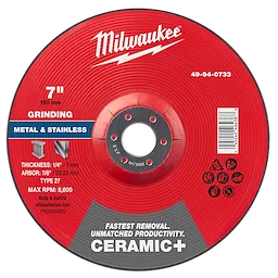 7" x 1/4" x 7/8" Ceramic+ Metal Grinding Wheel - Type 27; red with white and blue text, specifications, and safety icons.