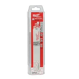 Milwaukee 9" 14 TPI THE TORCH™ SAWZALL® Blades (25 PK) are packaged in a clear plastic case with red and white branding. The blades are designed for durability and precision in cutting metal. The pack contains 25 high-performance blades.