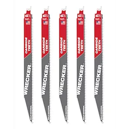 Five 12-inch SAWZALL® blades with carbide teeth, branded "THE WRECKER™," shown vertically. The blades feature red and grey coloring with white text and compatibility details. Each blade's packaging displays the blade's specifications: 6 TPI and the American flag. The pack contains five identical blades.