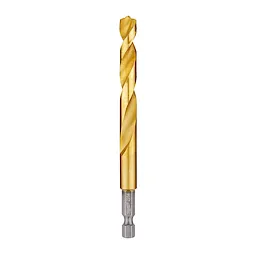 Red Helix Titanium Impact Drill Bit with a titanium-coated spiral design and hex shank for improved durability and performance.