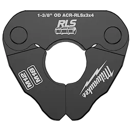 1-3/8" RLS® Pivoting Press Ring by Milwaukee, designed for press-fitting pipe systems. The black ring has a central hole, Milwaukee logo, and RLS branding with technical specifications marked.