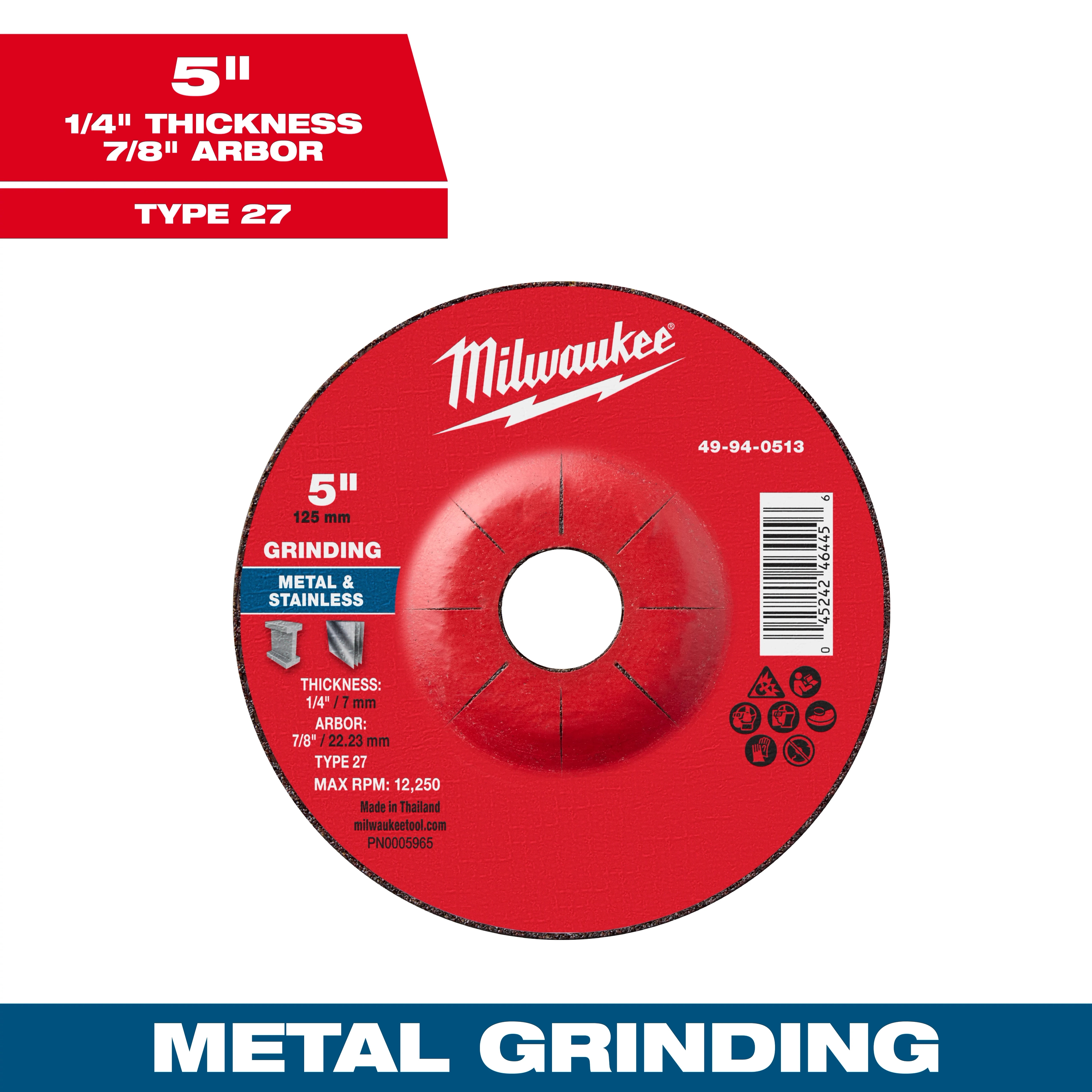 5" x 1/4" x 7/8" Metal Grinding Wheel - Type 27 with red center, specifications and barcode visible. Suitable for metal and stainless.