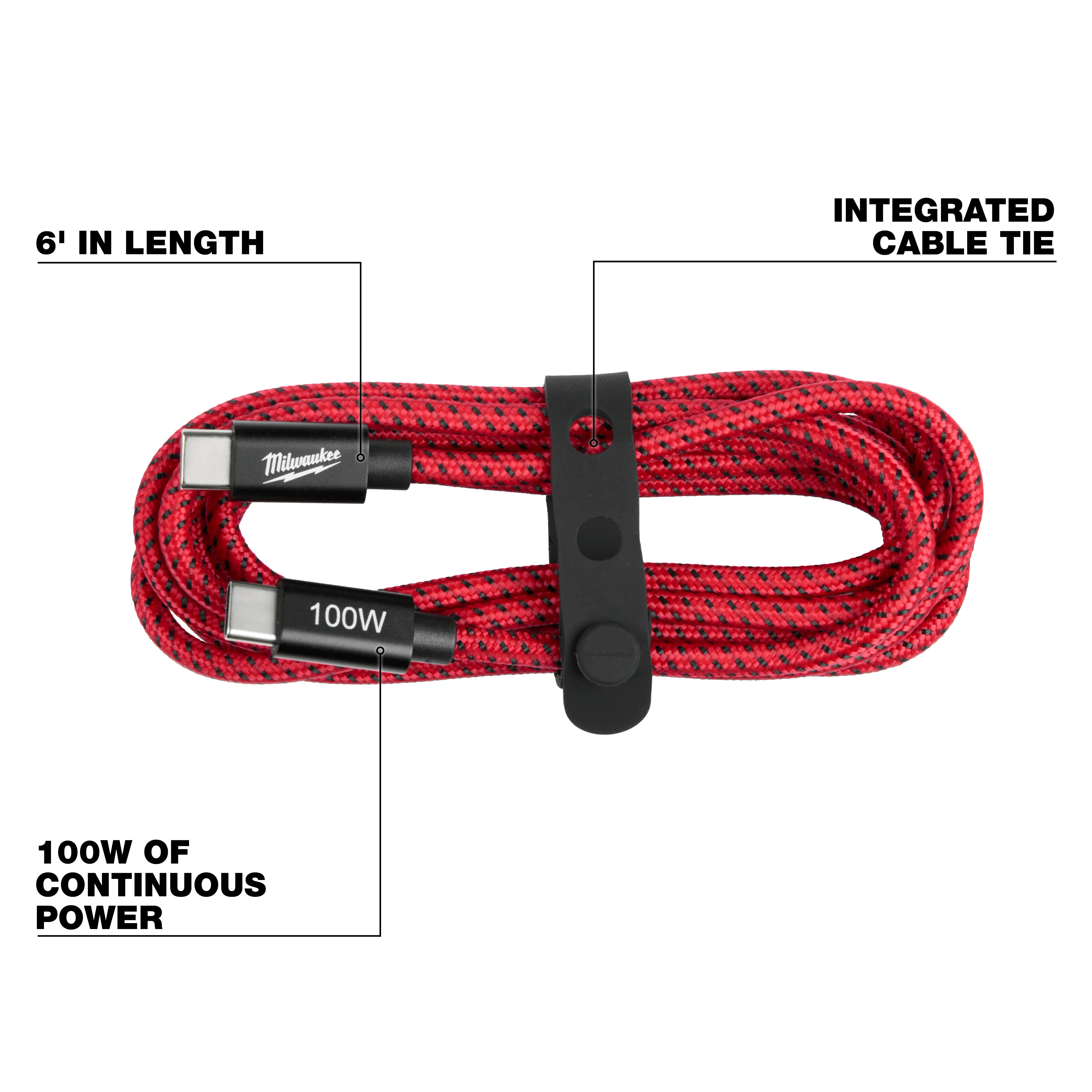 100W 6ft USB-C Cable in red, with black braided design, integrated cable tie, and capable of 100W continuous power.