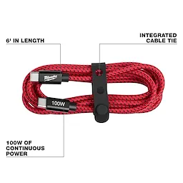 100W 6ft USB-C Cable in red, with black braided design, integrated cable tie, and capable of 100W continuous power.