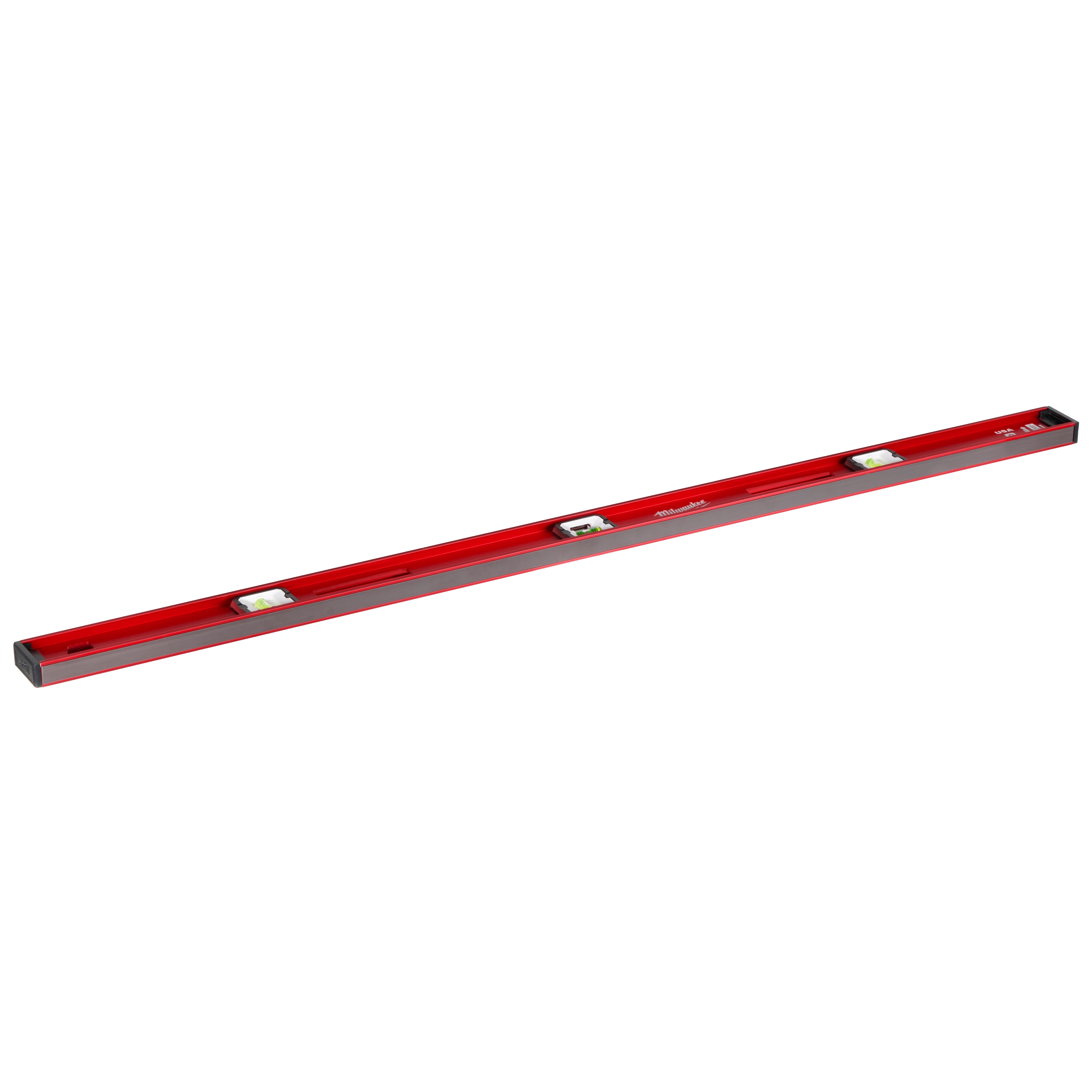 The Milwaukee® 48" Magnetic I-Beam Level is a red, rectangular tool with three bubble vials for precision leveling. It features a magnetic edge for stability on metal surfaces, making it suitable for various construction and DIY projects.
