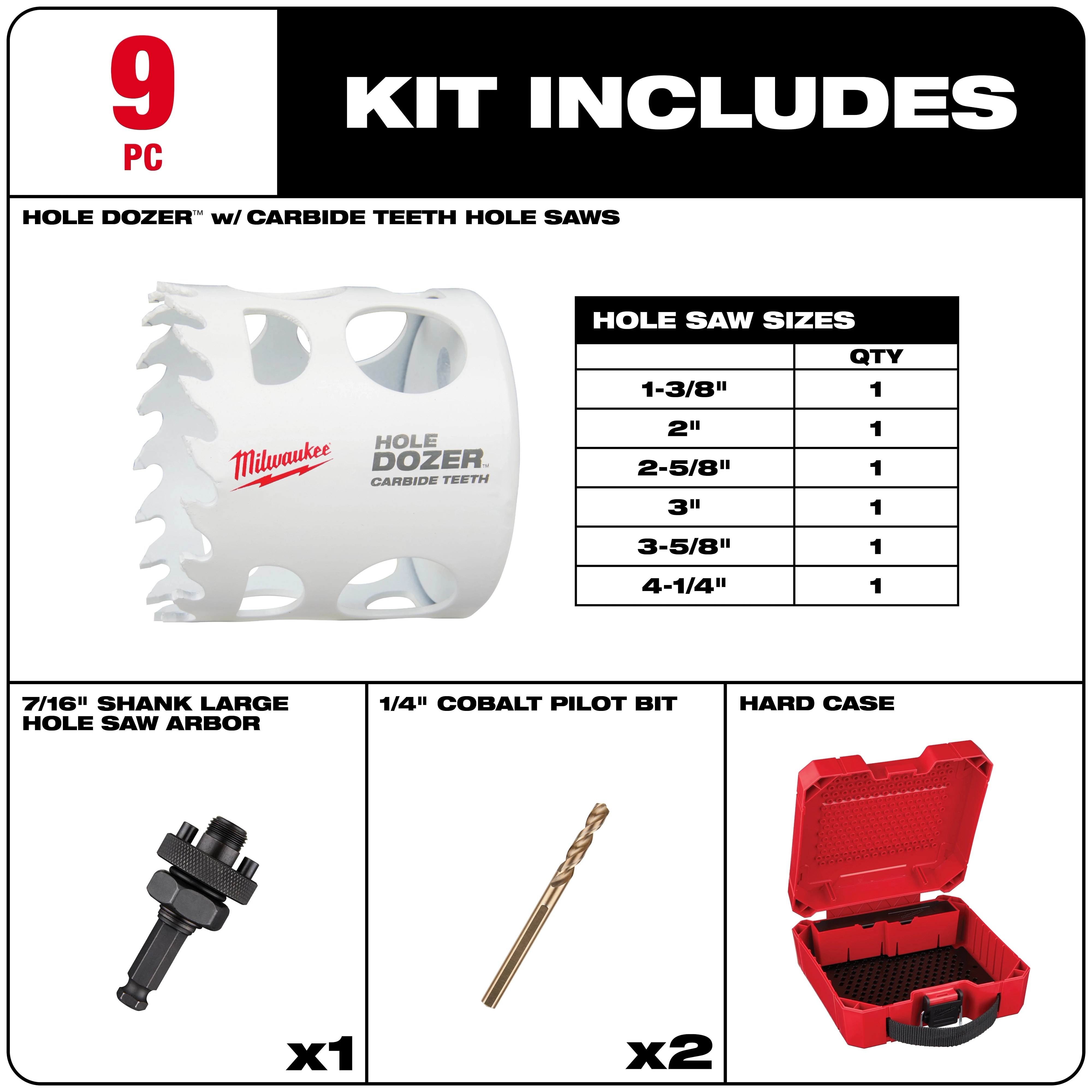 9 PC HOLE DOZER with Carbide Teeth Large Diameter Hole Saw Kit. Includes various hole saw sizes, shank arbor, cobalt pilot bits, and hard case.