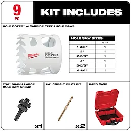 9 PC HOLE DOZER with Carbide Teeth Large Diameter Hole Saw Kit. Includes various hole saw sizes, shank arbor, cobalt pilot bits, and hard case.