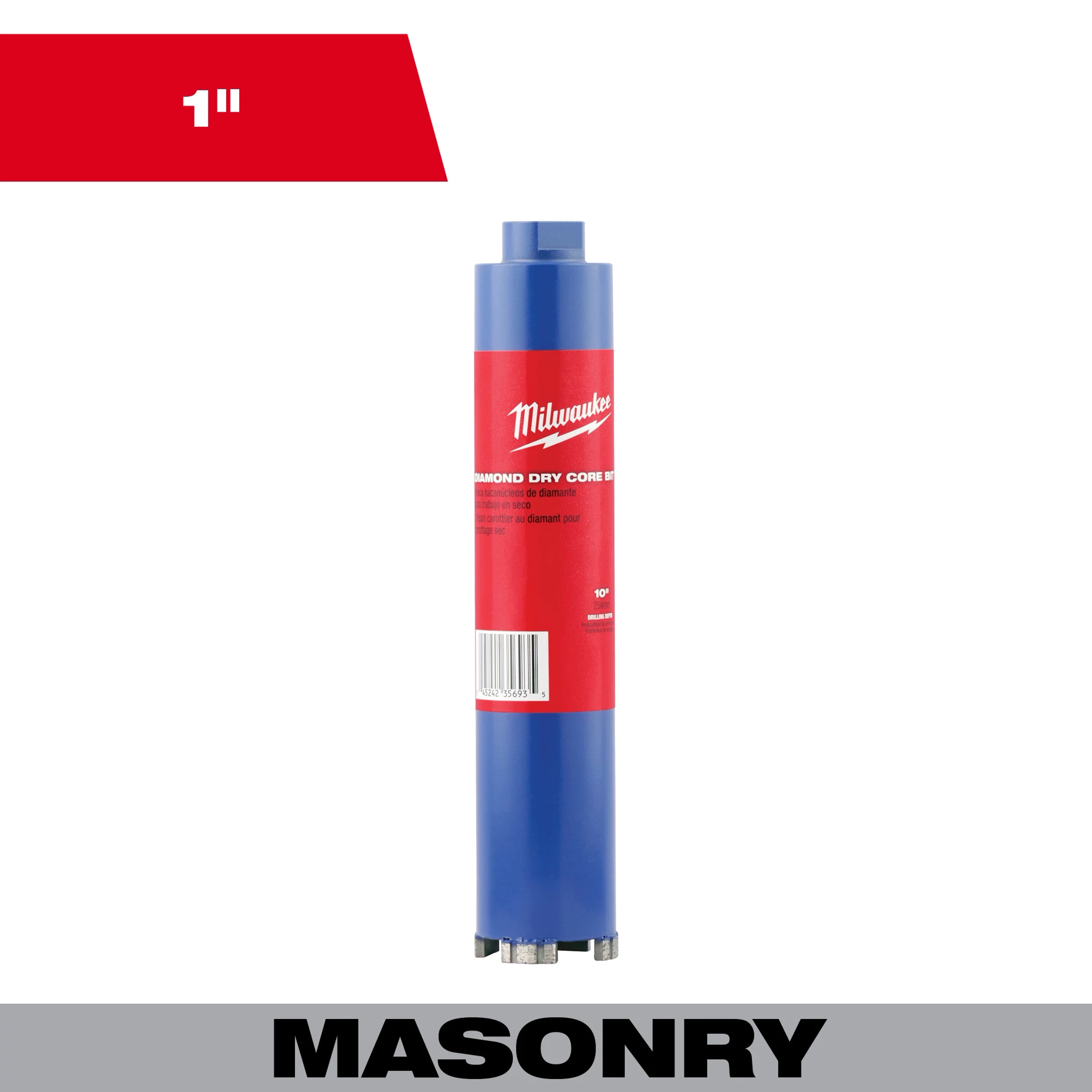 1" Dry Core Masonry Bit displayed against a white background with a red label and blue body, designed for dry drilling.