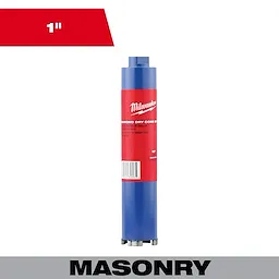 1" Dry Core Masonry Bit displayed against a white background with a red label and blue body, designed for dry drilling.