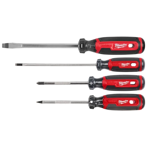 4PC Cushion Grip Screwdriver Set (CAN) includes four black and red screwdrivers with varying tips: flathead, Philips, and others.