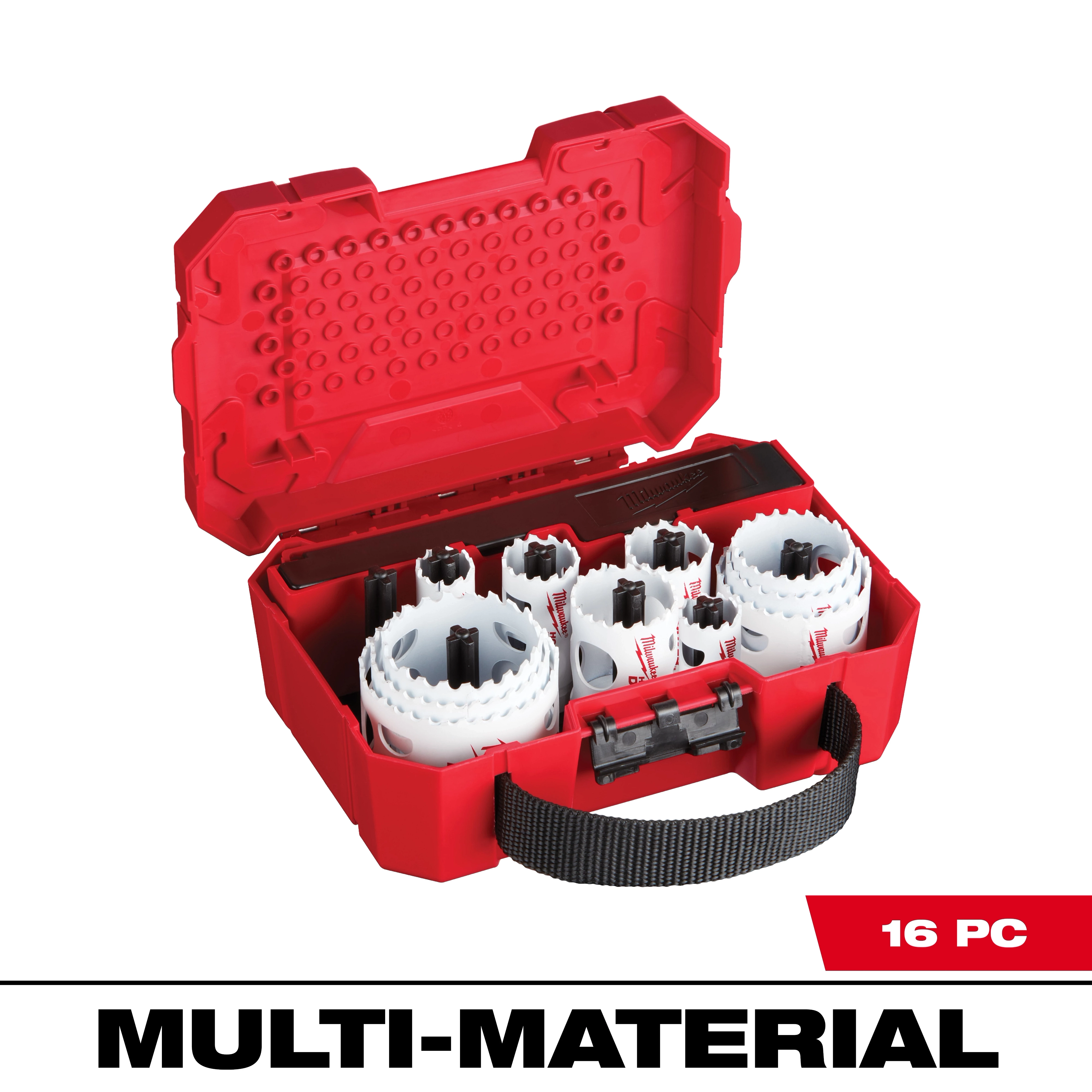 HOLE DOZER General-Purpose Hole Saw Kit - 16PC includes various sizes of white hole saws in a red carrying case with a black handle.