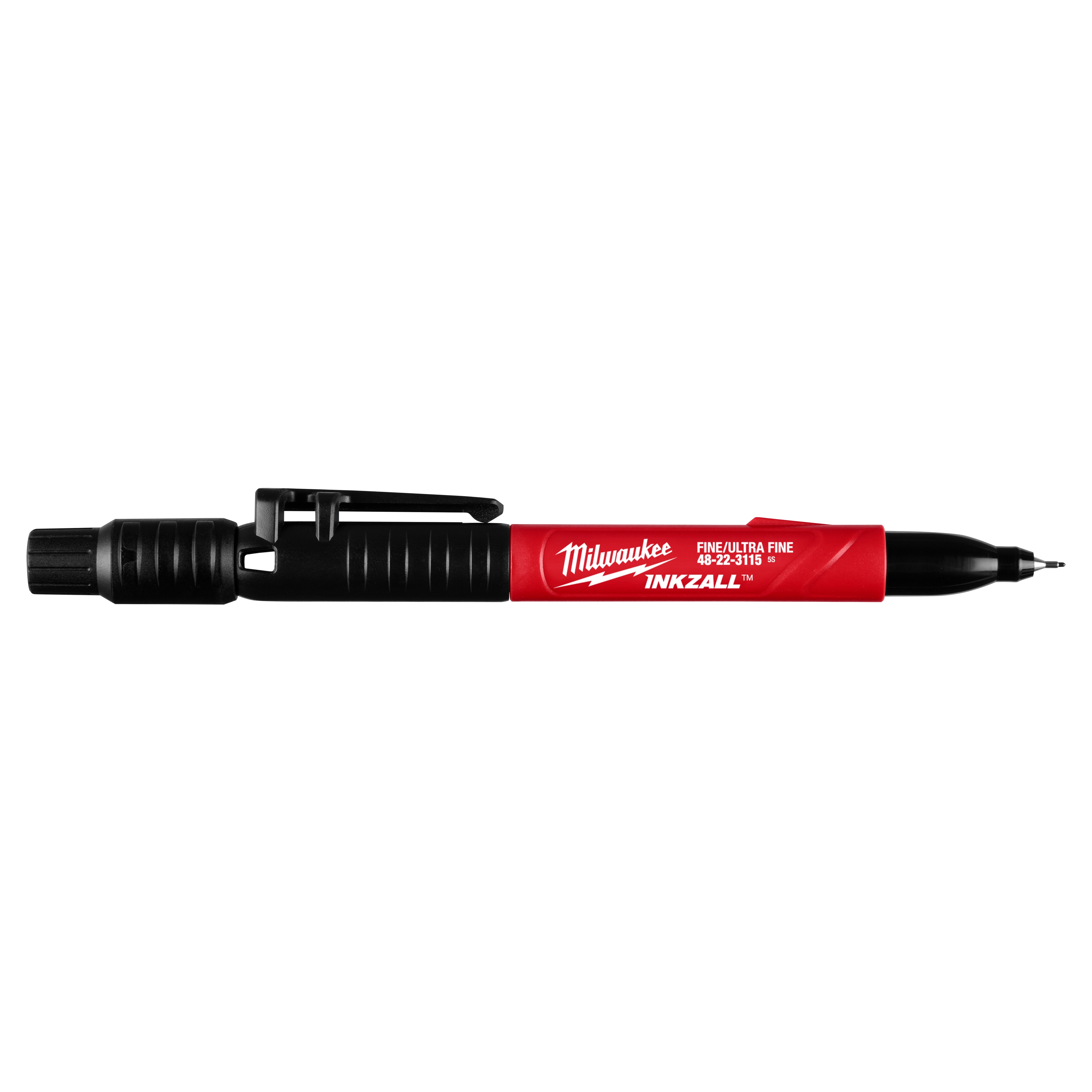 The Milwaukee INKZALL Double-Sided Black Jobsite Marker – Ultra Fine & Fine Point features a red and black body. It has a fine point on one end and an ultra-fine point on the other for precision marking. The marker includes a pocket clip for easy access.
