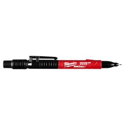 The Milwaukee INKZALL Double-Sided Black Jobsite Marker – Ultra Fine & Fine Point features a red and black body. It has a fine point on one end and an ultra-fine point on the other for precision marking. The marker includes a pocket clip for easy access.