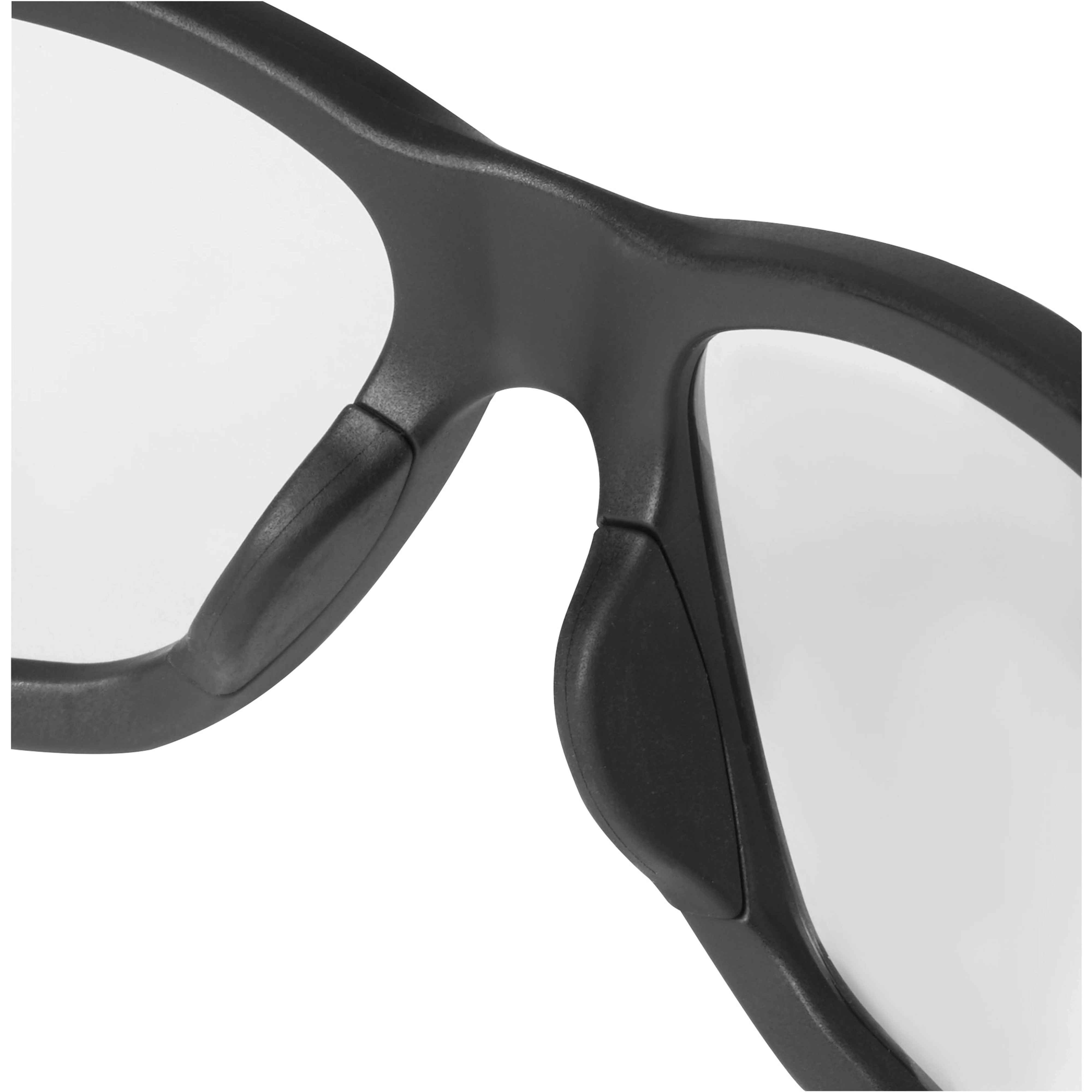 Close-up of Clear Performance Safety Glasses showing black frames, clear lenses, and padded nose bridge for comfort and protection.