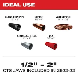 M18 FORCE LOGIC Press Tool with ONE-KEY Ideal Use and Capacity: Black iron pipe, copper, ACR copper, stainless steel, PEX. 1/2" - 2".