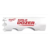 RANGE%20OF%20Hole%20Dozer%20Bi-Metal%20Hole%20Saw%20%203%2F4%22%2025%2F32%22%2013%2F16%22, white cylindrical saw with staggered teeth and brand name in red.