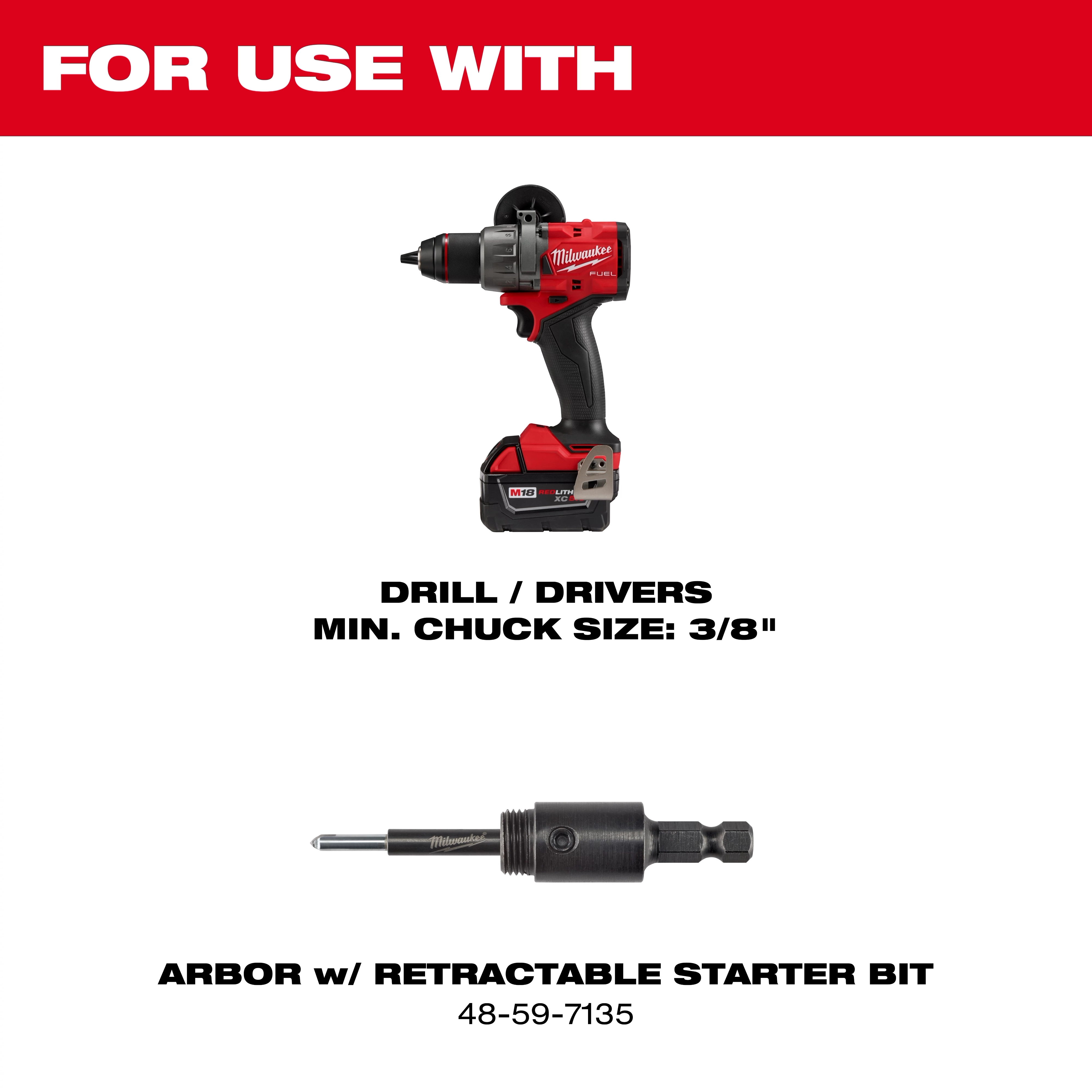 Diamond Max Hole Saws compatible with drill/drivers with a minimum chuck size of 3/8 inch and arbor with retractable starter bit.