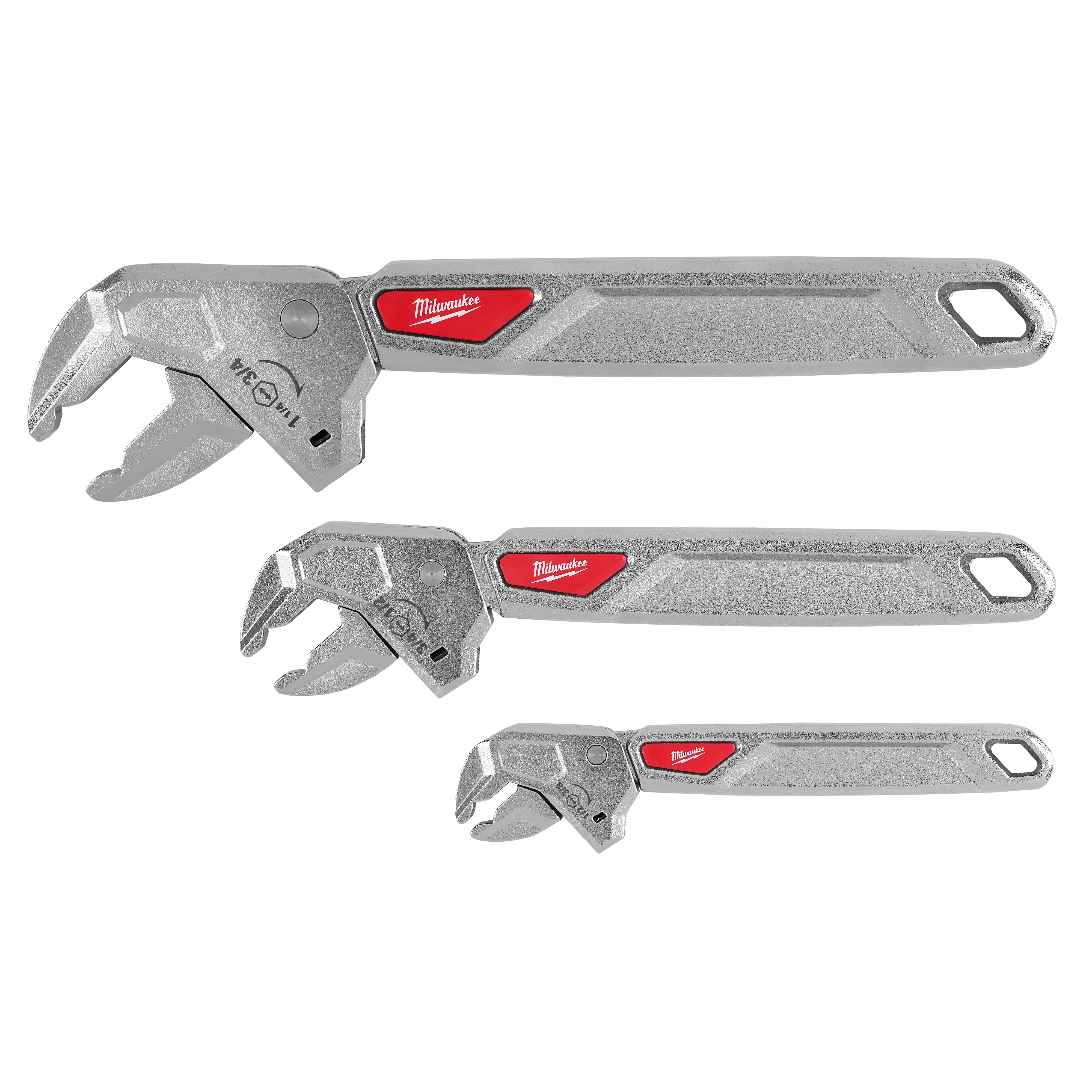 Three metal wrenches labeled 6" Ratcheting Adjustable Wrench, 8" Ratcheting Adjustable Wrench, 10" Ratcheting Adjustable Wrench, 3PC Ratcheting Adjustable Wrench Set.