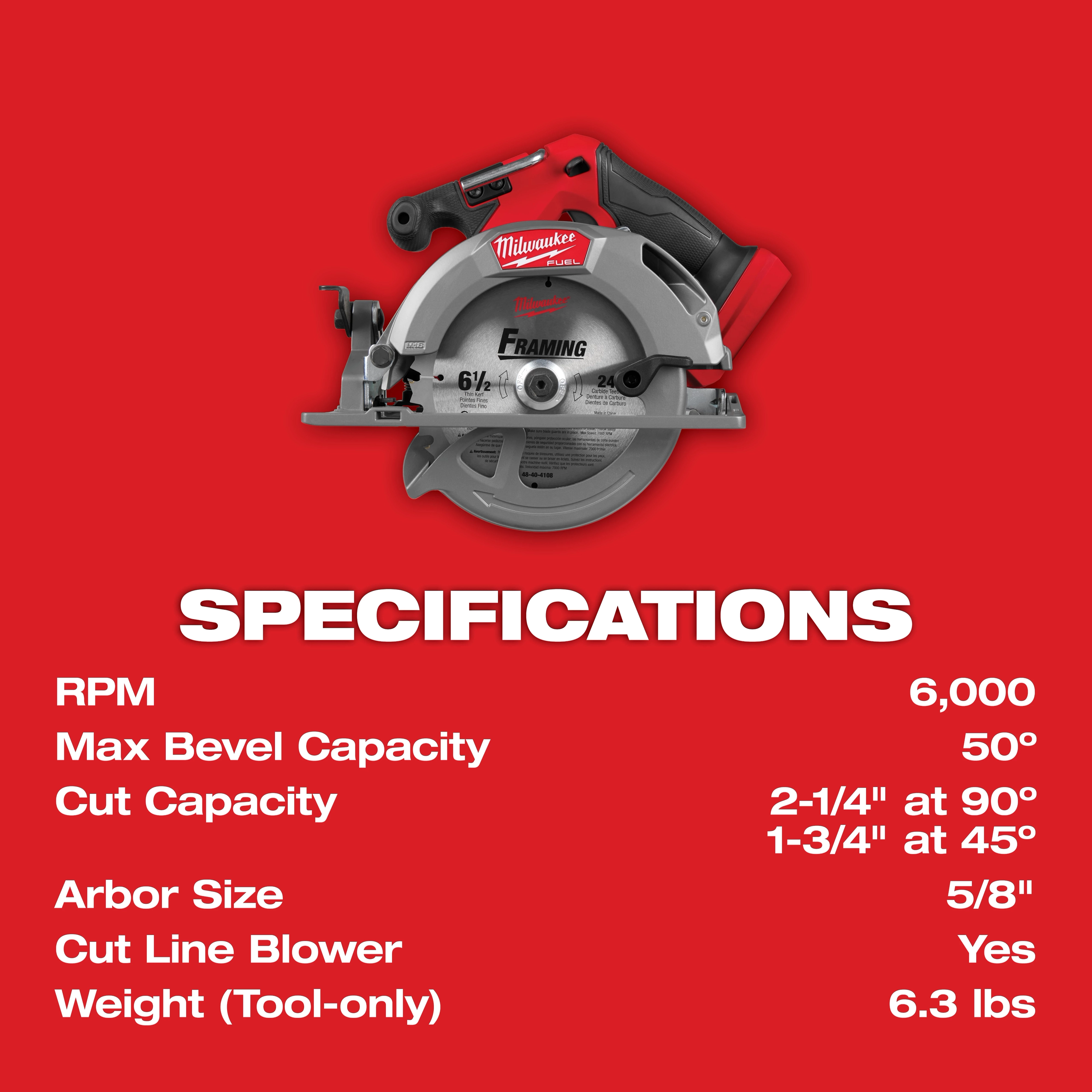 Image of the Milwaukee M18 FUEL 6-1/2" Circular Saw and its specifications