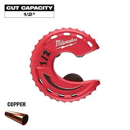 Milwaukee 1/2-inch Close Quarters Tubing Cutter features a red crescent-shaped design suitable for cutting copper tubing. The tool has a 1/2-inch cut capacity and is labeled with its brand and size.