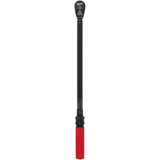 The 1/2" Drive Click Torque Wrench (50-250 FT-LBS) features a sleek black handle with a red grip, a clear measurement scale, and a lever on the head for adjusting torque settings.