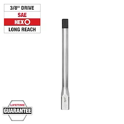 3/8" Drive, 3/8" Long Hex Bit Socket with a silver finish is shown. Text highlights its features: SAE, HEX, Long Reach, Lifetime Guarantee.