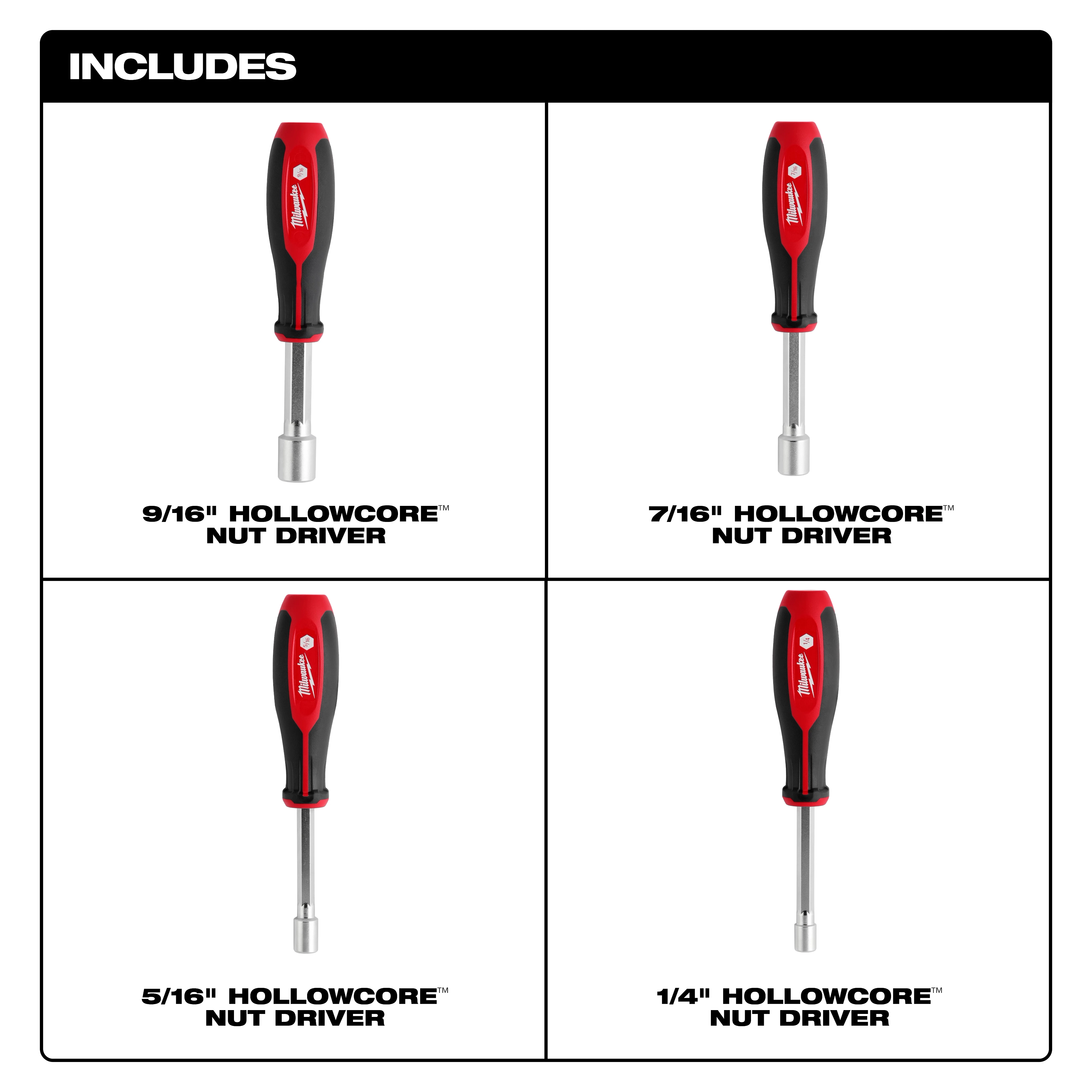 4pc SAE HollowCore Nut Driver Set includes 9/16", 7/16", 5/16", and 1/4" nut drivers with red and black handles.