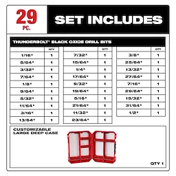 THUNDERBOLT® Black Oxide Drill Bit Set - 29PC includes 29 various-sized drill bits ranging from 1/16" to 1/2". The set features a customizable large deep case for storage.