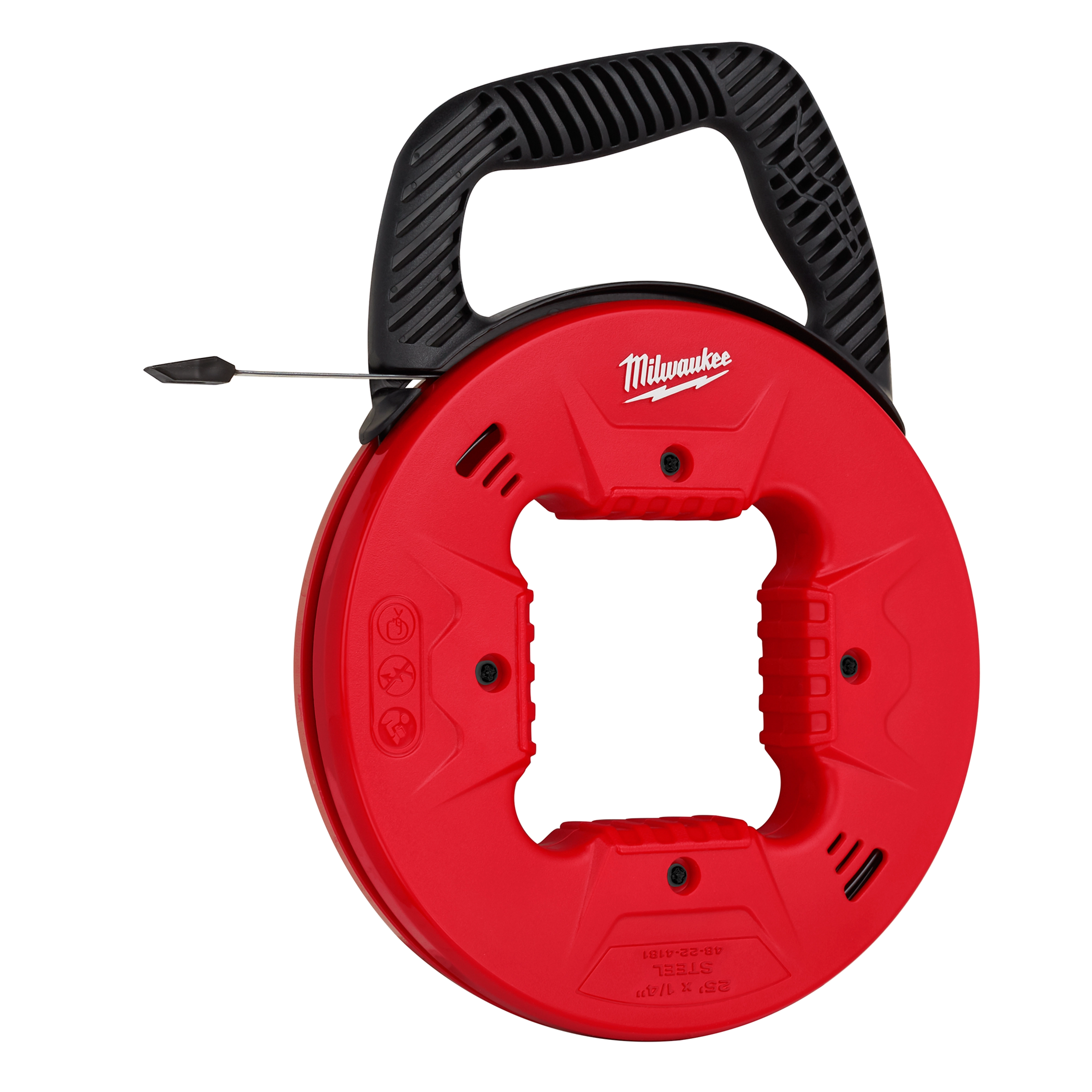 Red 1/4" x 25' Steel Fish Tape with plastic tip housed in a circular, black-handled case. Brand name is printed in white.