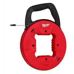 Red 1/4" x 25' Steel Fish Tape with plastic tip housed in a circular, black-handled case. Brand name is printed in white.