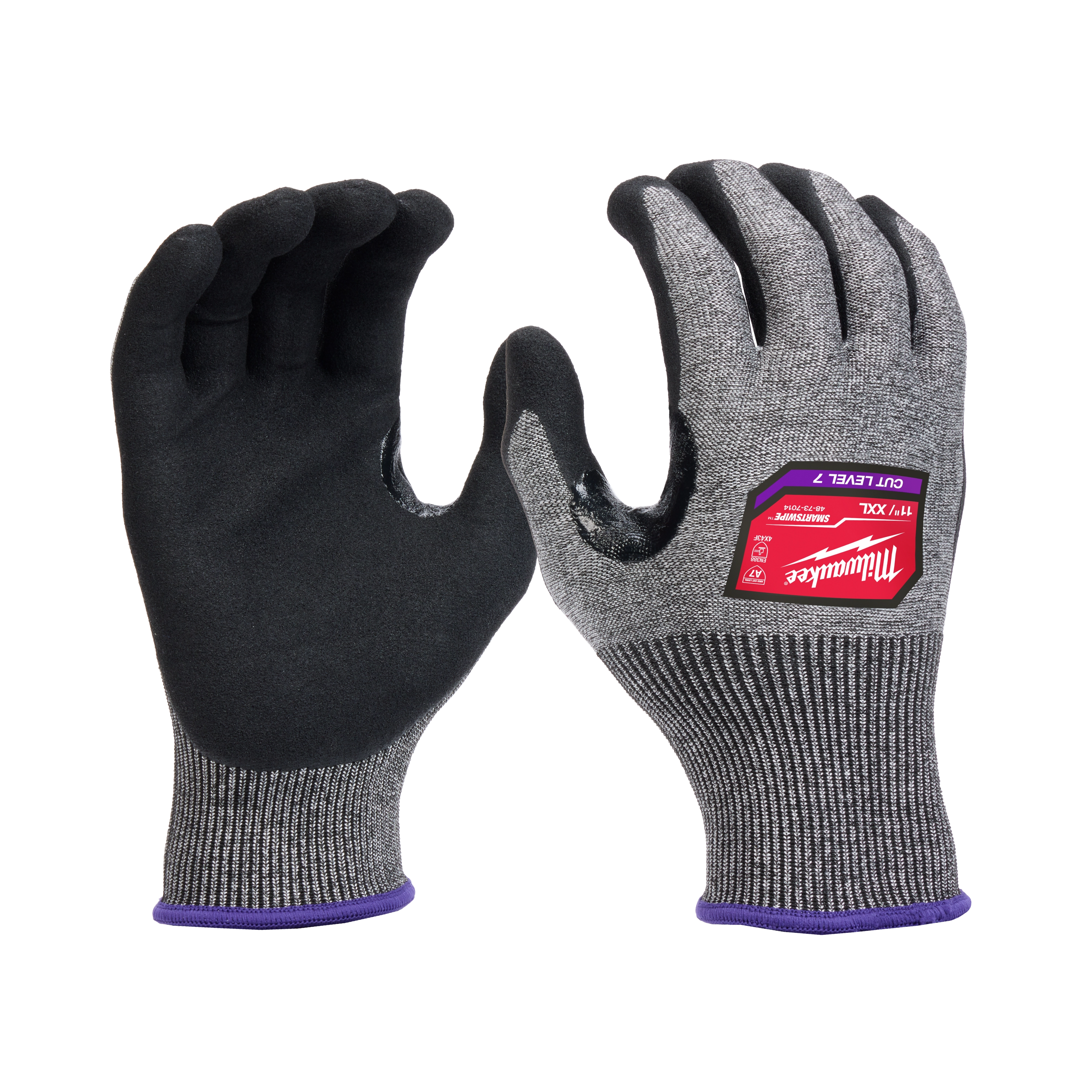 Cut Level 7 High-Dexterity Nitrile Dipped Gloves in XXL size. The gloves feature a black palm and gray knit with a red label.