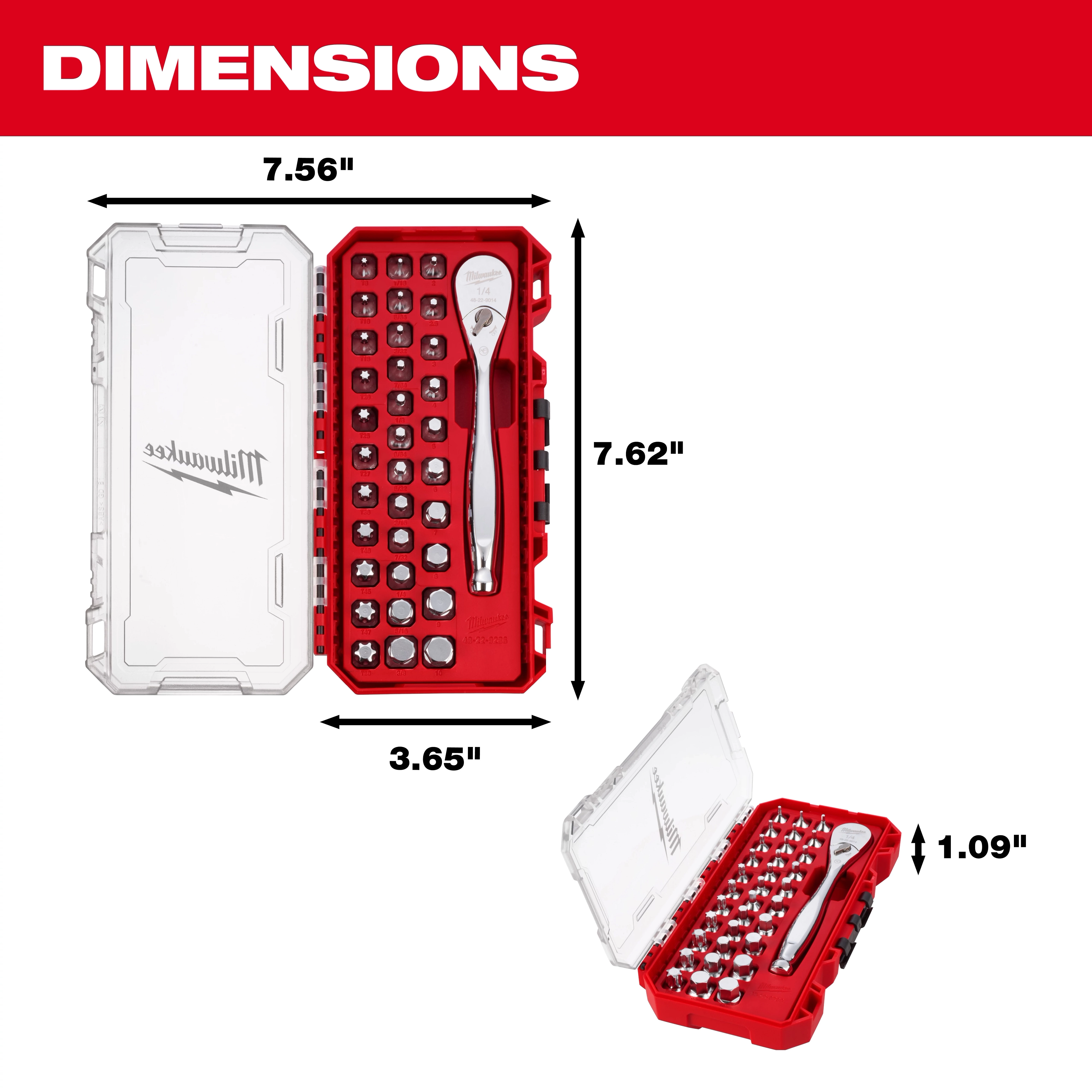 34pc 1/4” Drive Ratchet & Low-Profile Bit Socket Set in a compact rectangular case with labeled dimensions.
