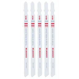 Five 5-1/4" 24TPI Metal Cutting T Shank Jig Saw Blades, labeled "Milwaukee Super Tough Bi-Metal 5166," are arranged vertically.