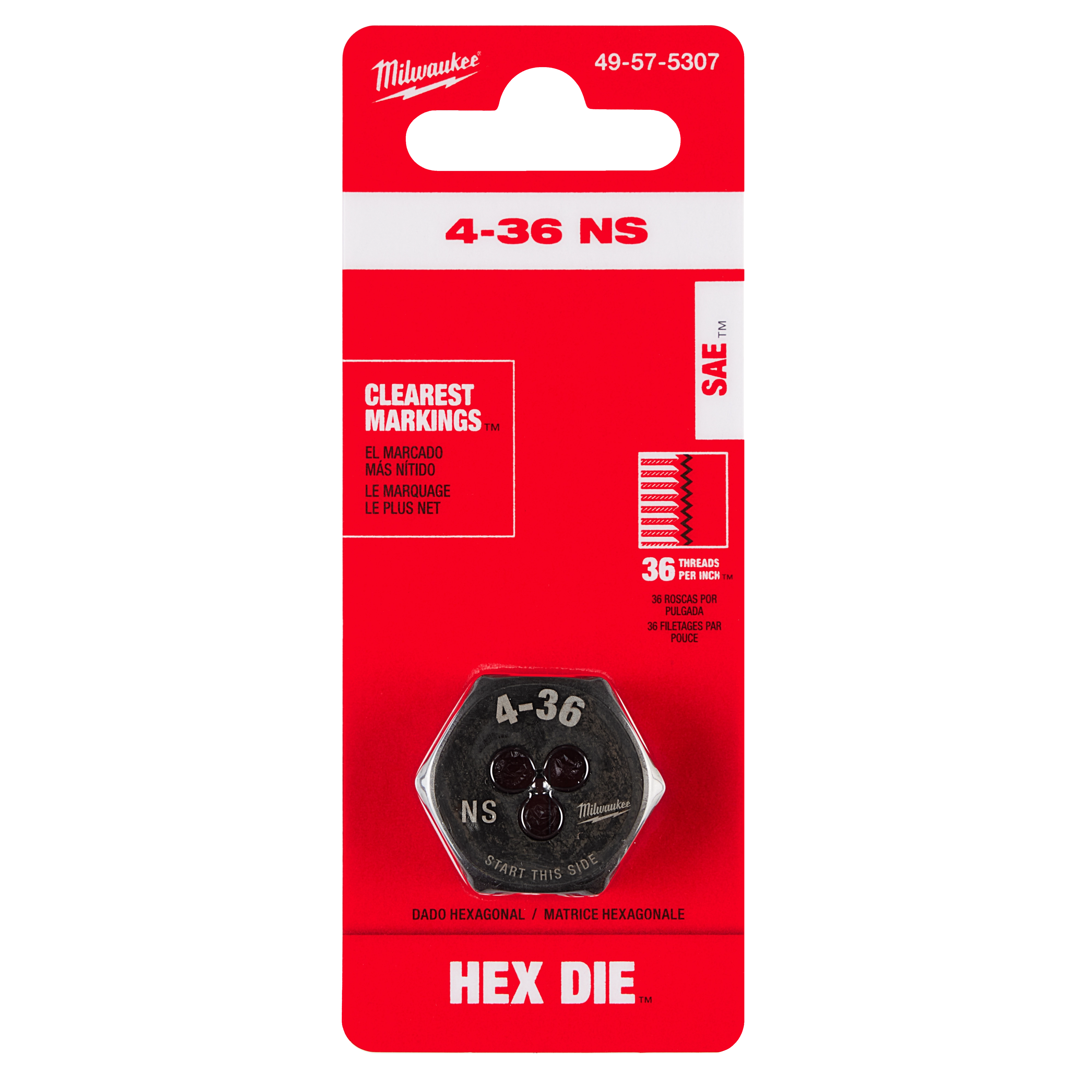 4-36 NS 1-Inch Hex Threading Die in red packaging with product details, including "Hex Die" and 36 threads per inch.
