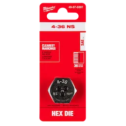4-36 NS 1-Inch Hex Threading Die in red packaging with product details, including "Hex Die" and 36 threads per inch.