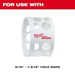 The image features a white Milwaukee Hole Dozer hole saw with various-sized circular cutouts and sharp teeth, designed for use with 9/16" to 1-3/16" hole saws. The product is compatible with the 5PK Small Adapters for QUIK-LOK™ Arbors.