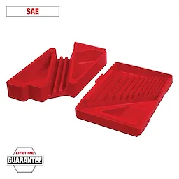 Red plastic tool trays labeled "SAE" with compartments for organizing tools. One tray is angled open, and the other is flat with slots. The image also features a "Lifetime Guarantee" badge in the bottom left corner.