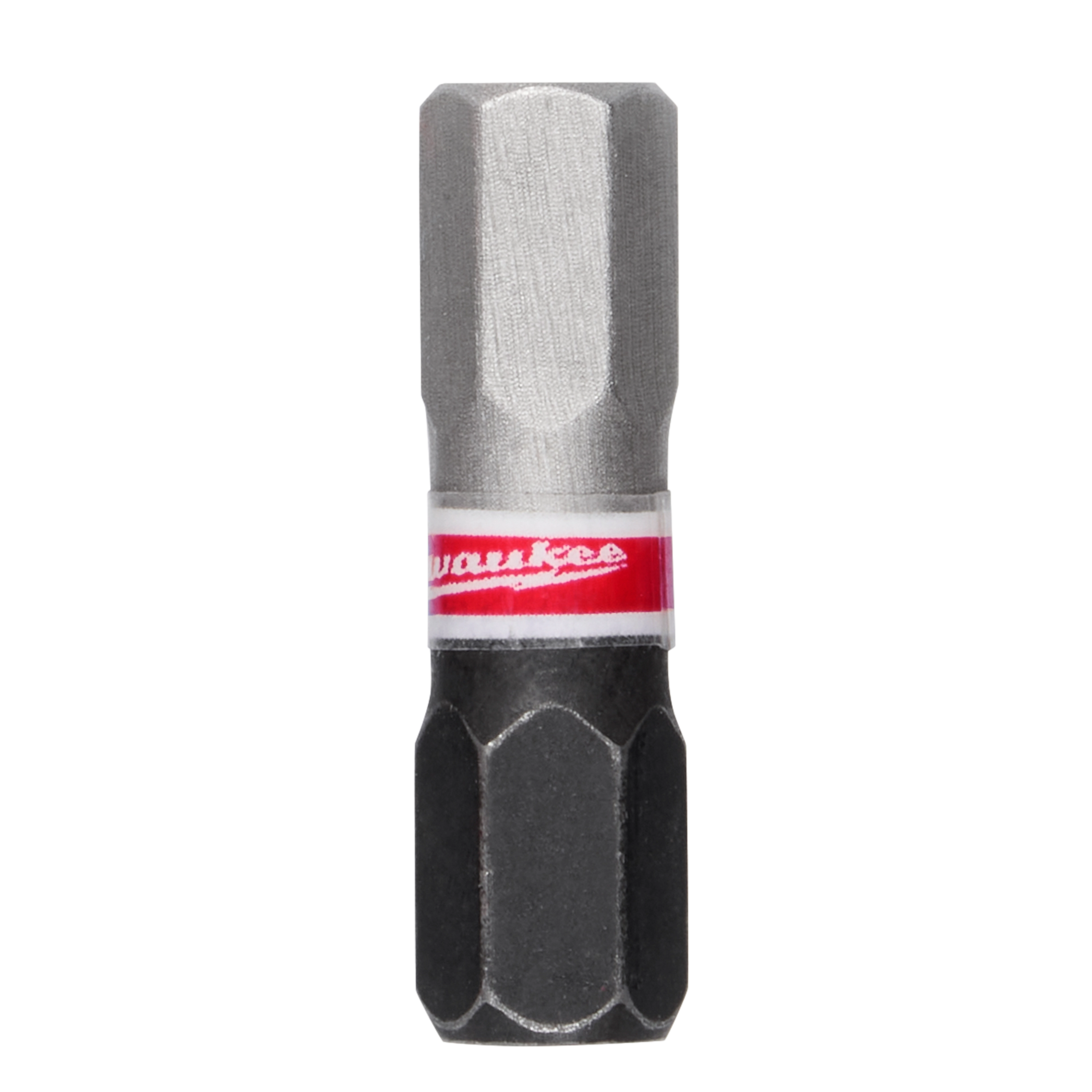 The image shows a SHOCKWAVE™ 1" Impact Duty Hex 6 MM Insert Bit. The bit is made of metal with a hexagonal head and features a red and white label near the middle.