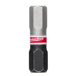 The image shows a SHOCKWAVE™ 1" Impact Duty Hex 6 MM Insert Bit. The bit is made of metal with a hexagonal head and features a red and white label near the middle.