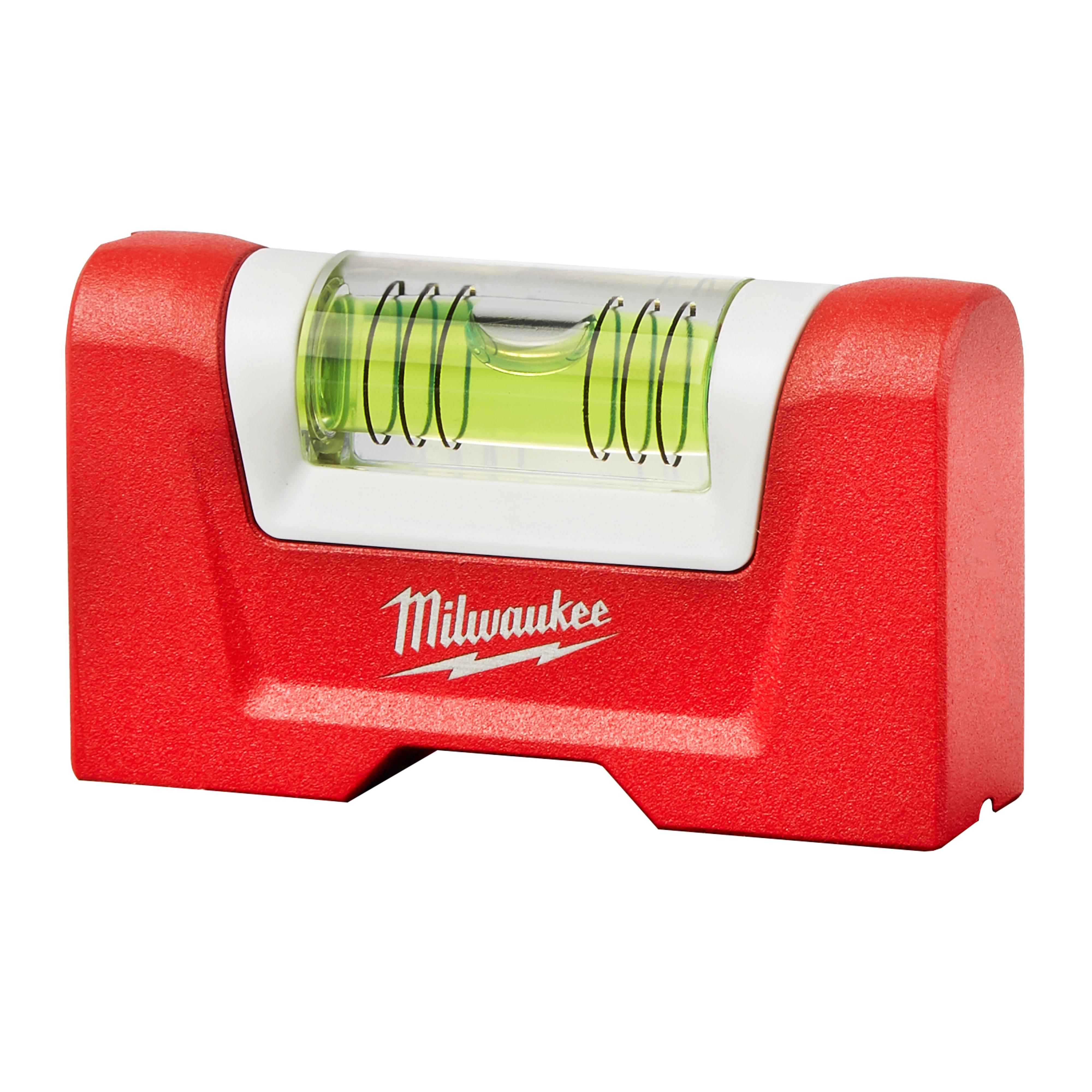 Red Pocket Level by Milwaukee, featuring a green bubble vial encased in a durable housing for precise leveling tasks.