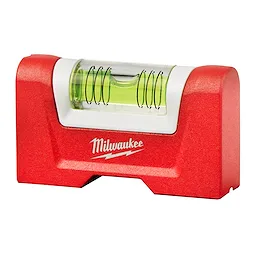 Red Pocket Level by Milwaukee, featuring a green bubble vial encased in a durable housing for precise leveling tasks.