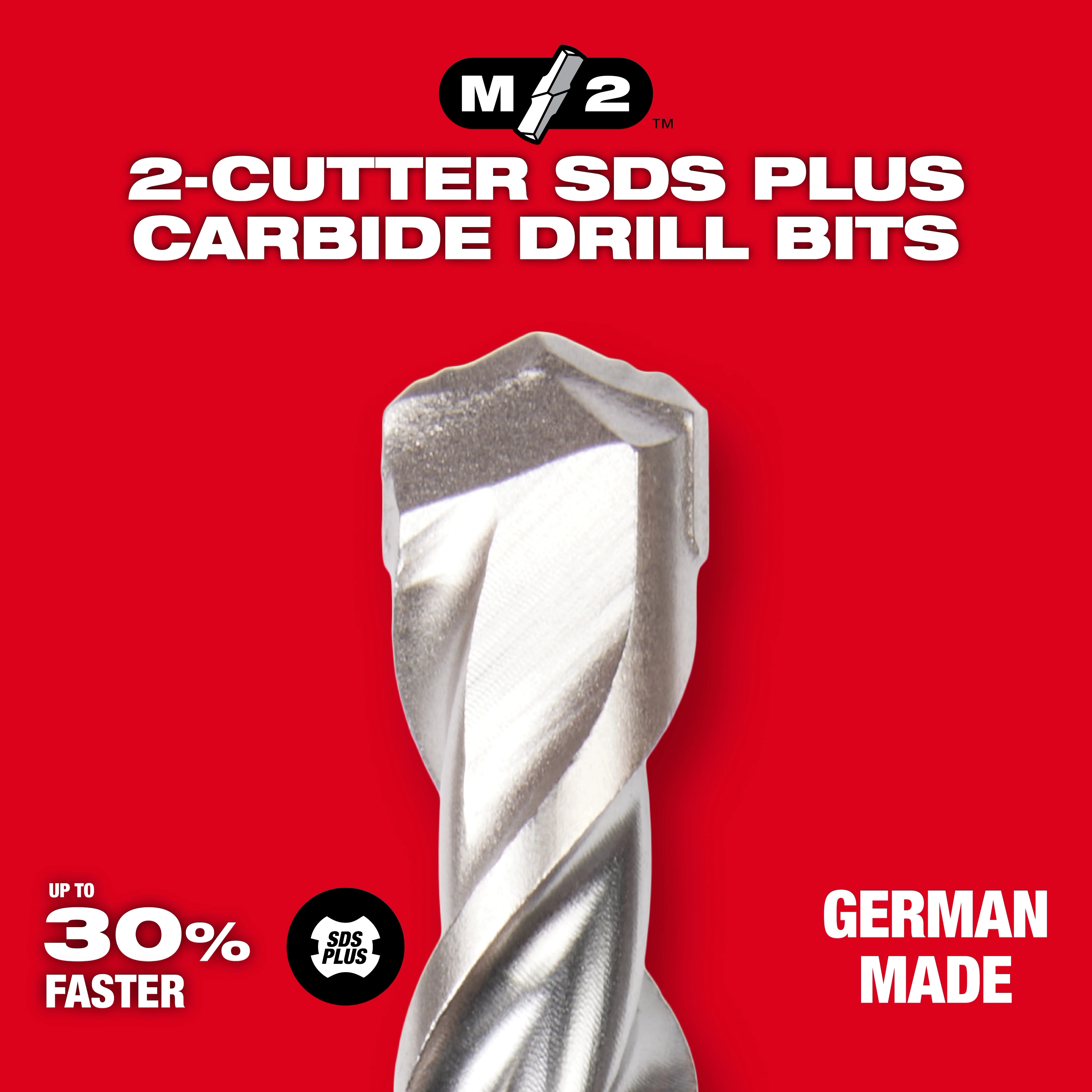 M2 2-Cutter SDS Plus Carbide Drill Bits, German made. Promises up to 30% faster drilling with SDS Plus system. Red background.