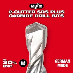 M2 2-Cutter SDS Plus Carbide Drill Bits, German made. Promises up to 30% faster drilling with SDS Plus system. Red background.